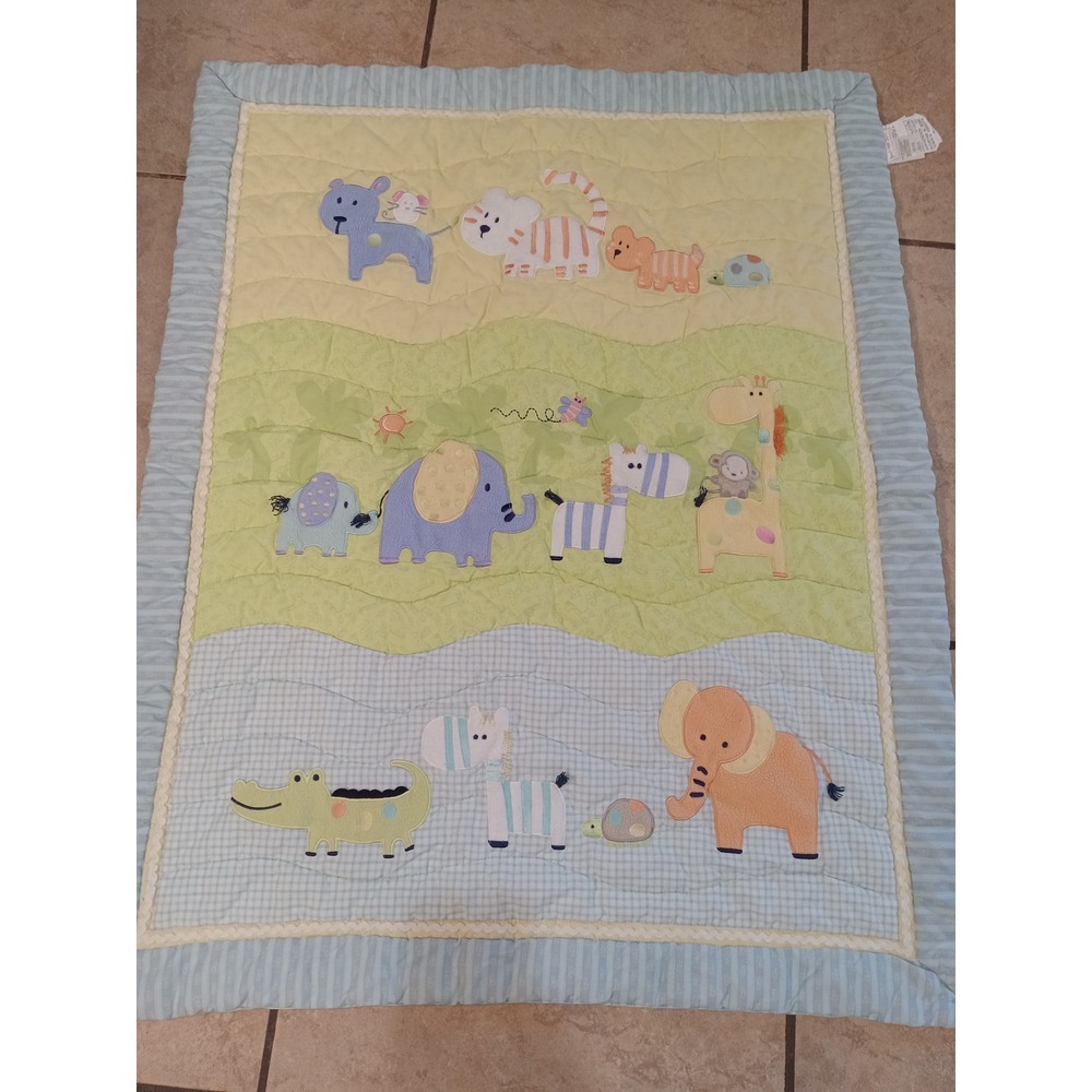 Just One Year Carters Baby Blanket Jungle Safari Animals Quilt Blue Green Yellow